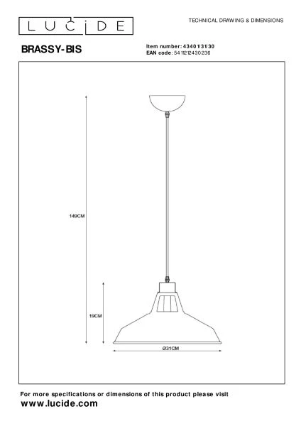 Lucide BRASSY-BIS - Hanglamp - Ø 31 cm - 1xE27 - Zwart - technisch